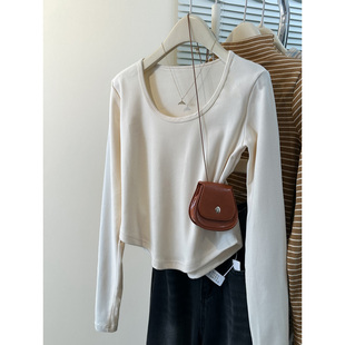 短款小个子内搭打底衫女秋冬加绒加厚韩版修身显瘦德绒长袖T恤潮