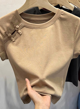 超火cec新中式国风盘扣短袖T恤女夏装修身韩版设计感小众短款上衣