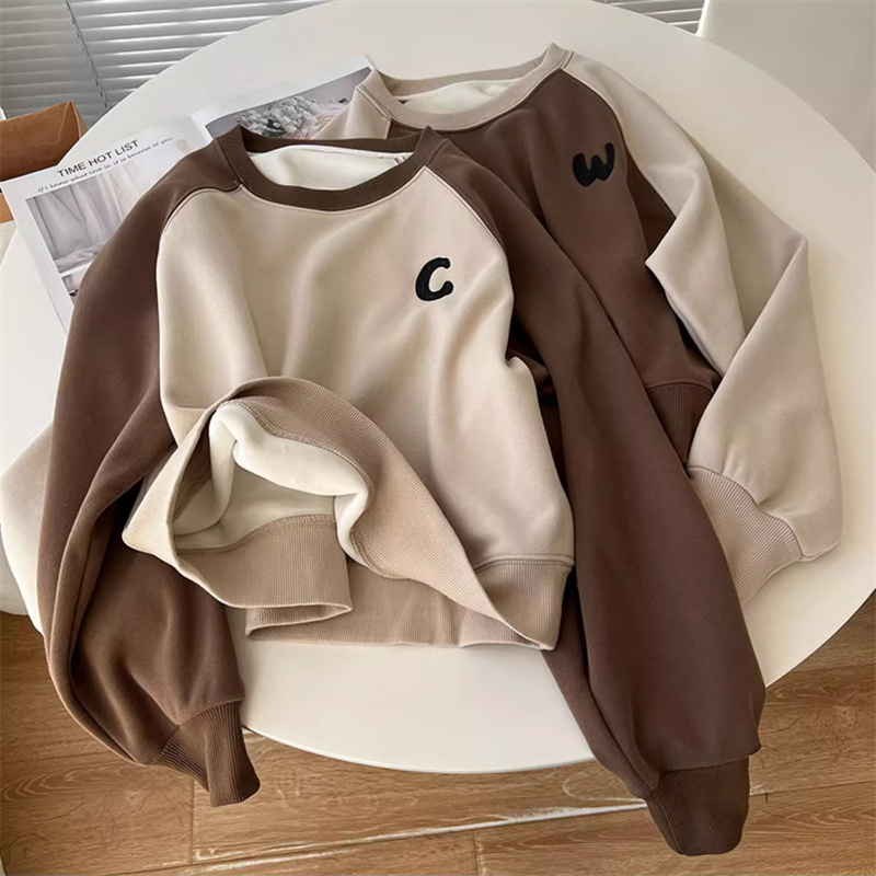 撞色拼接插肩袖卫衣女秋冬季加绒