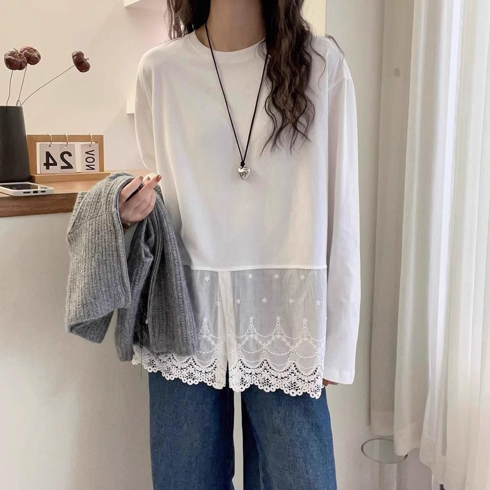 蕾丝花边开叉下摆长袖T恤女秋冬季纯棉打底衫内搭宽松显瘦上衣潮,女装/女士精品,T恤,淘宝优惠券,粉丝福利购,淘宝优惠卷
