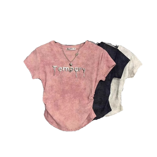 美式高街潮牌短袖T恤女夏季韩版修身显瘦百搭褶皱收腰短款上衣潮