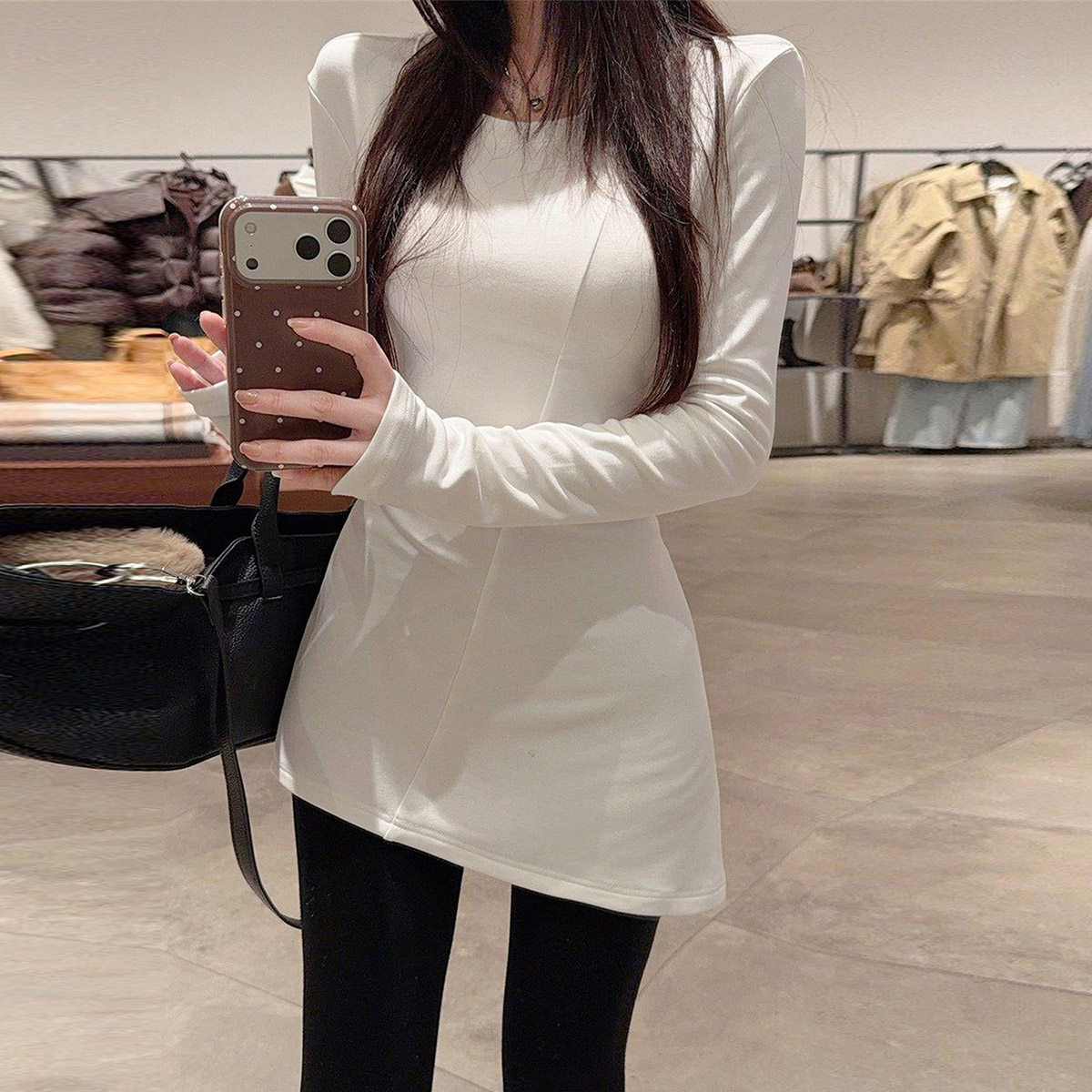 不规则下摆长袖T恤女春秋季韩版修身内搭可外穿打底衫中长款上衣