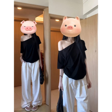 辣妹纯欲风斜领露肩短袖T恤女夏季宽松韩版打底衫慵懒风半袖上衣