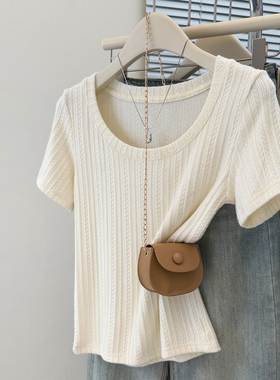 chic甜辣纯欲风正肩U领露锁骨短袖T恤女夏装修身韩版短款上衣体恤