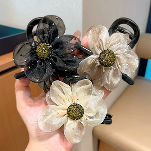 欧根纱抓夹盘发百搭发卡马尾鲨鱼夹高级感花朵闪钻发夹女气质发饰