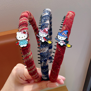 儿童kt猫发箍复古红色女童毛绒头箍带齿防滑女孩碎发整理发卡头饰
