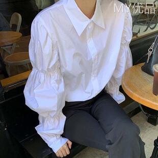 早春雪纺白色衬衫女春秋宽松女装韩版泡泡袖上衣百搭通勤长袖衬衣