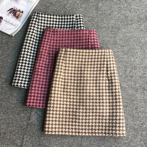 毛呢秋冬金丝千鸟格加厚半身裙