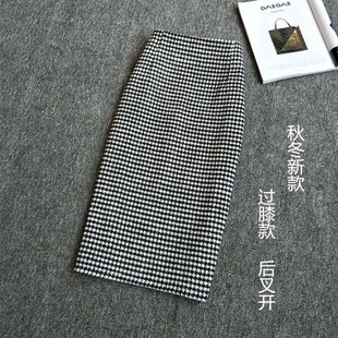 2025秋冬新款 后开叉高腰裙百搭显瘦女 黑白格子半身裙羊毛尼中长款