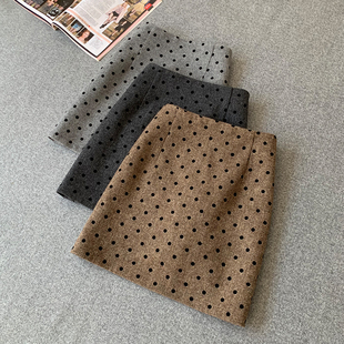波点半身裙毛呢灰色女2025秋冬新款 百搭高腰显瘦包臀裙a字短裙子