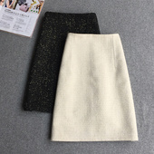 a字半身裙女小香风包臀裙2025秋冬新款 毛呢金丝中裙黑色短裙冬裙