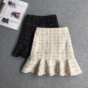 秋冬小個子高腰顯瘦荷葉邊魚尾裙子修身 A字半身裙女格子短裙小眾