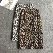 毛呢豹纹后中开叉中长裙2025秋冬季 中高腰毛呢包臀直筒半身裙中裙