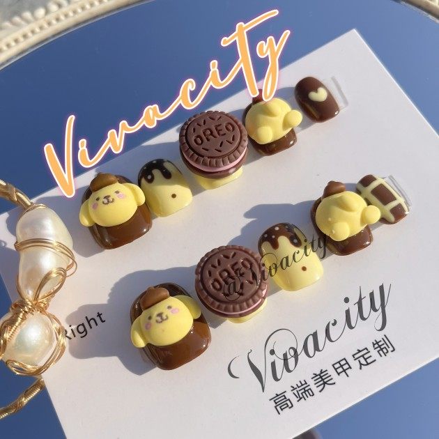 vivacity 布丁狗巧克力色可爱手工穿戴甲美甲指甲ins风短圆小红书