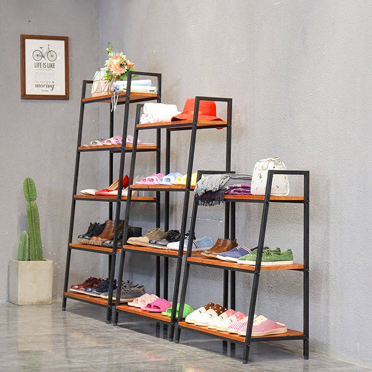 服装店鞋店复古实木铁艺鞋货架靠墙鞋子包包展示架摆放架门厅鞋架