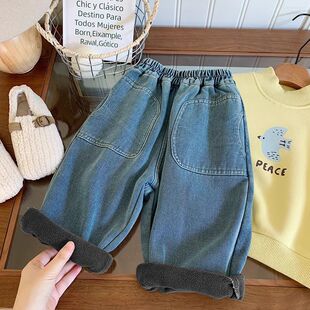 宝宝休闲洋气韩版 儿童冬季 男女童老爹直筒裤 宽松牛仔裤 潮 复古工装