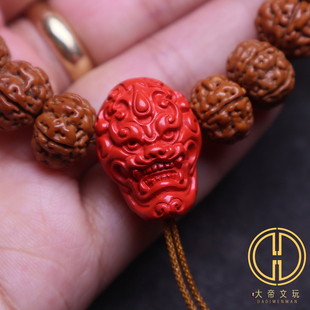 保真朱砂红砂般若兽面三通佛头个性金刚星月菩提手串长串文玩配饰
