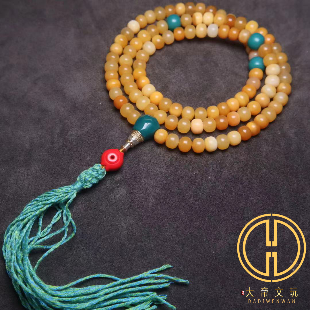 天然缅黄玉化料老型108佛珠长串多圈手链项链雪巴琉璃套装配饰