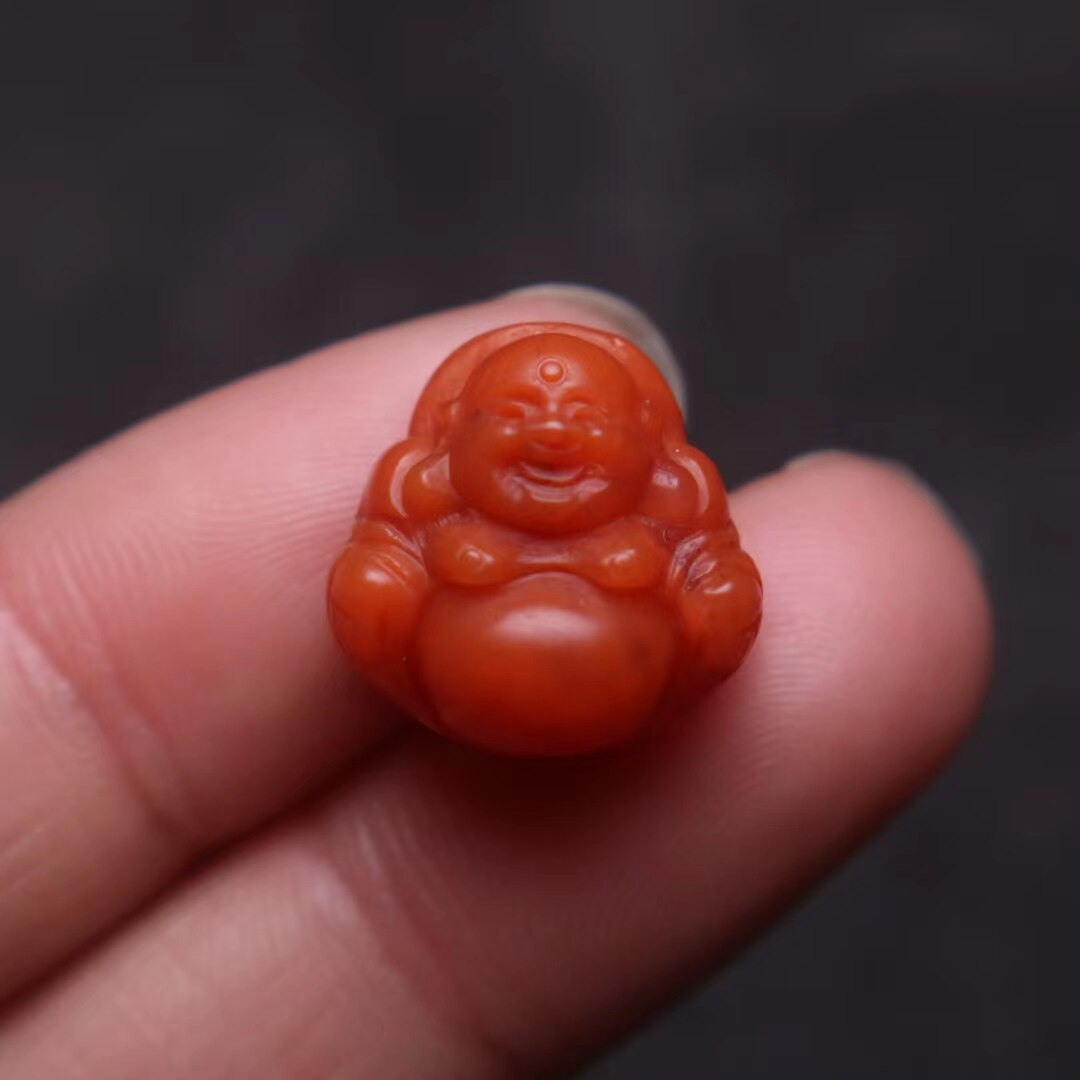 天然原矿南红弥勒吊坠侧挂配饰