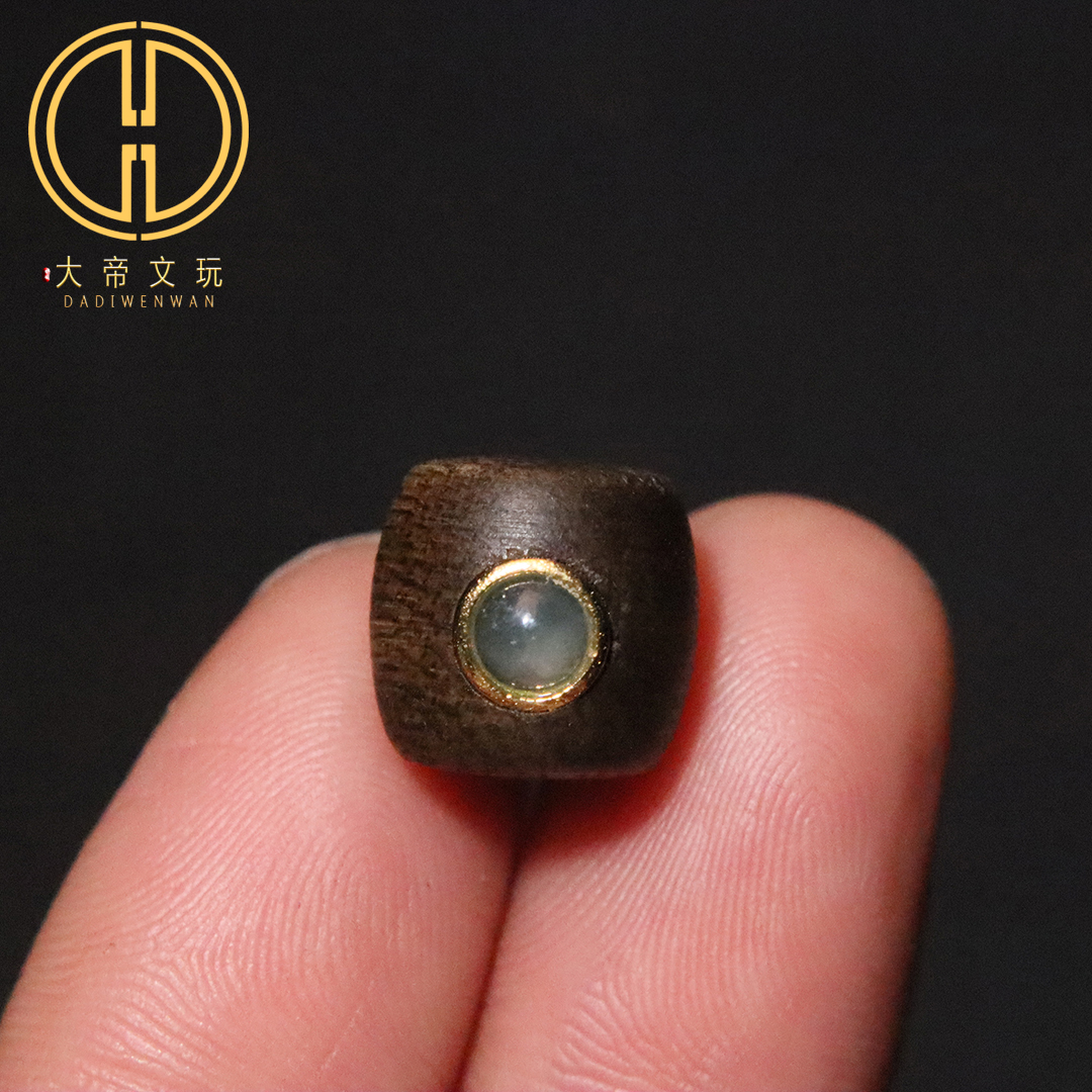 原创S925银镀金天然沉香檀木桶珠镶翡翠老型桶珠散珠DIY配饰配件