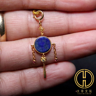 天然青金石镶嵌s925纯银镀金拨浪鼓如意吊坠侧挂提溜手串项链配饰