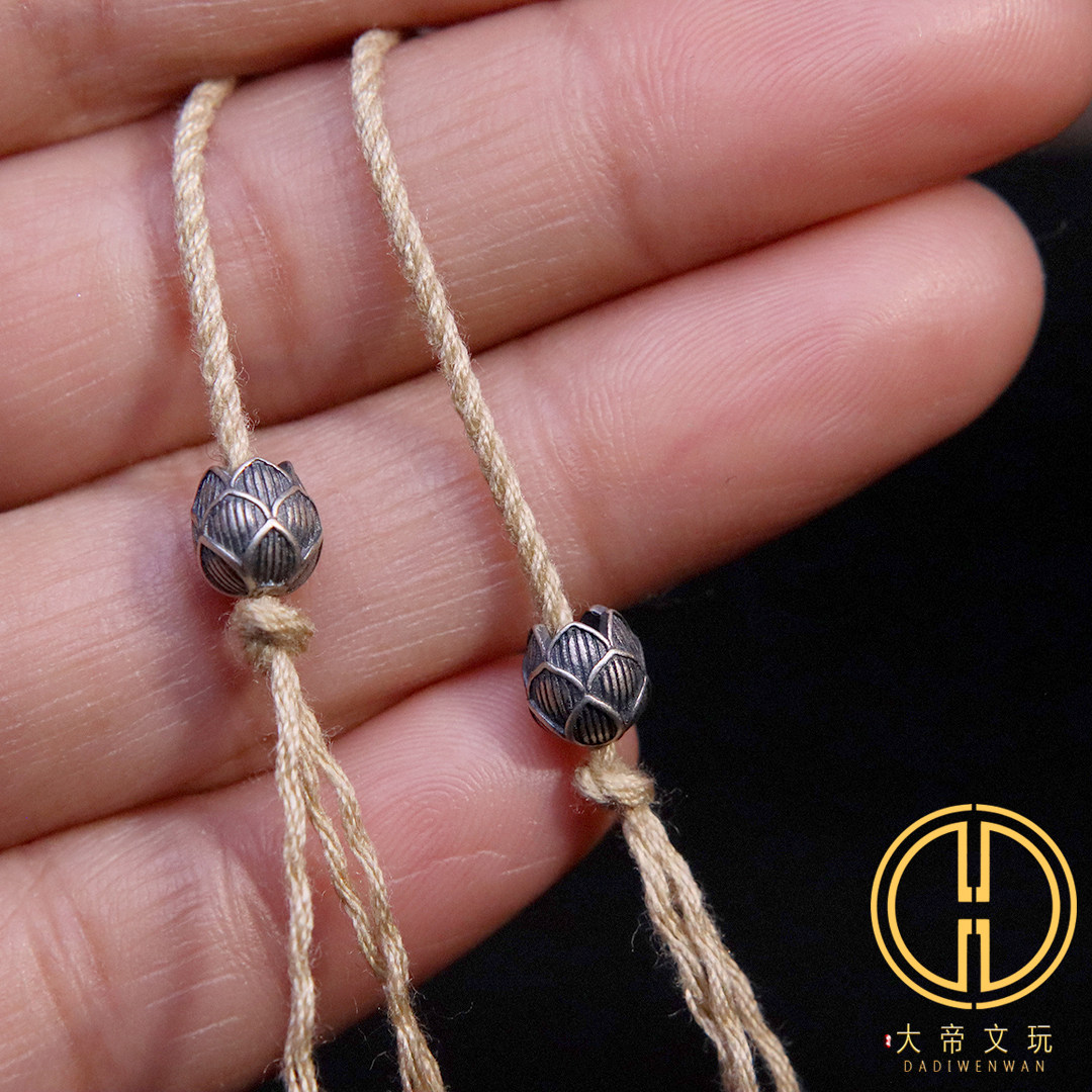 原创纯银925复古莲花弟子珠隔珠菩提手串长串diy文玩配饰