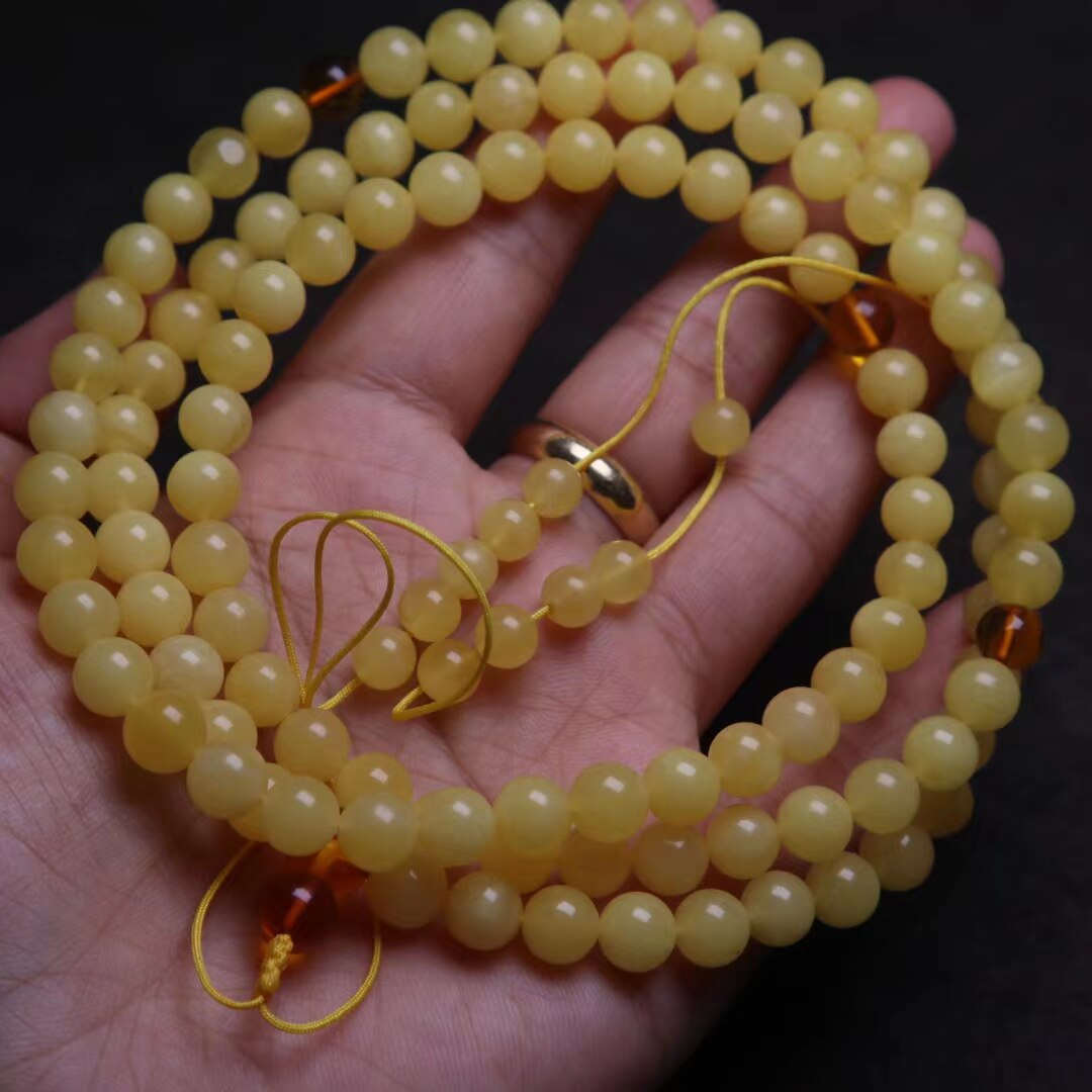 保真俄料天然琥珀蜜蜡鸡油黄108颗圆佛珠手串手链星月金刚配饰