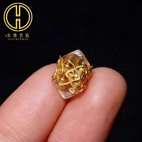 纯银s925银镀金天然白水晶镶嵌无相佛方糖隔珠手串编绳diy配饰