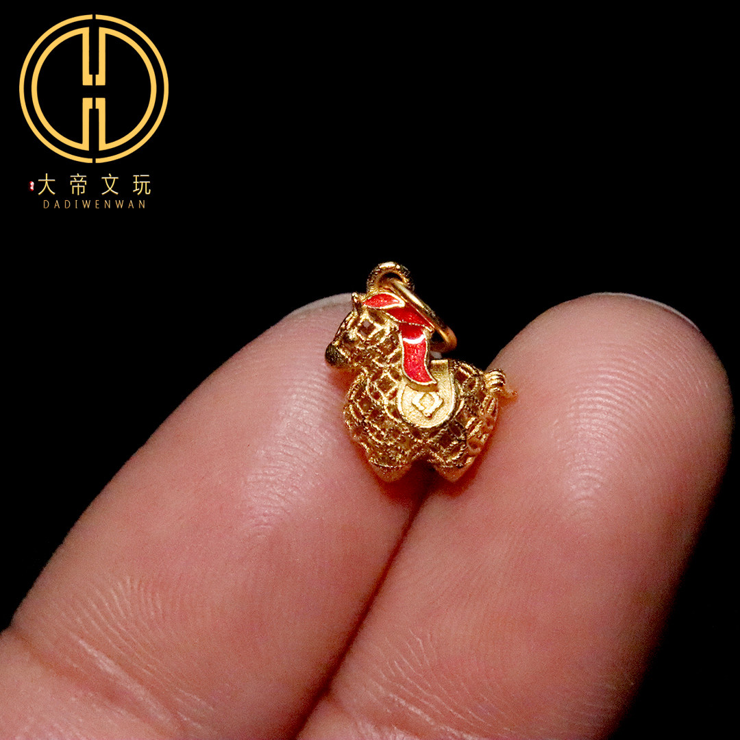 s925纯银镀金镂空铜钱马吊坠挂件提溜马年马上有钱手链项链配饰