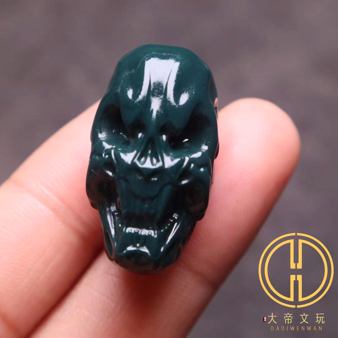 天然阿拉善玛瑙老油绿骷髅背云侧挂三通金刚星月菩提手长串diy配