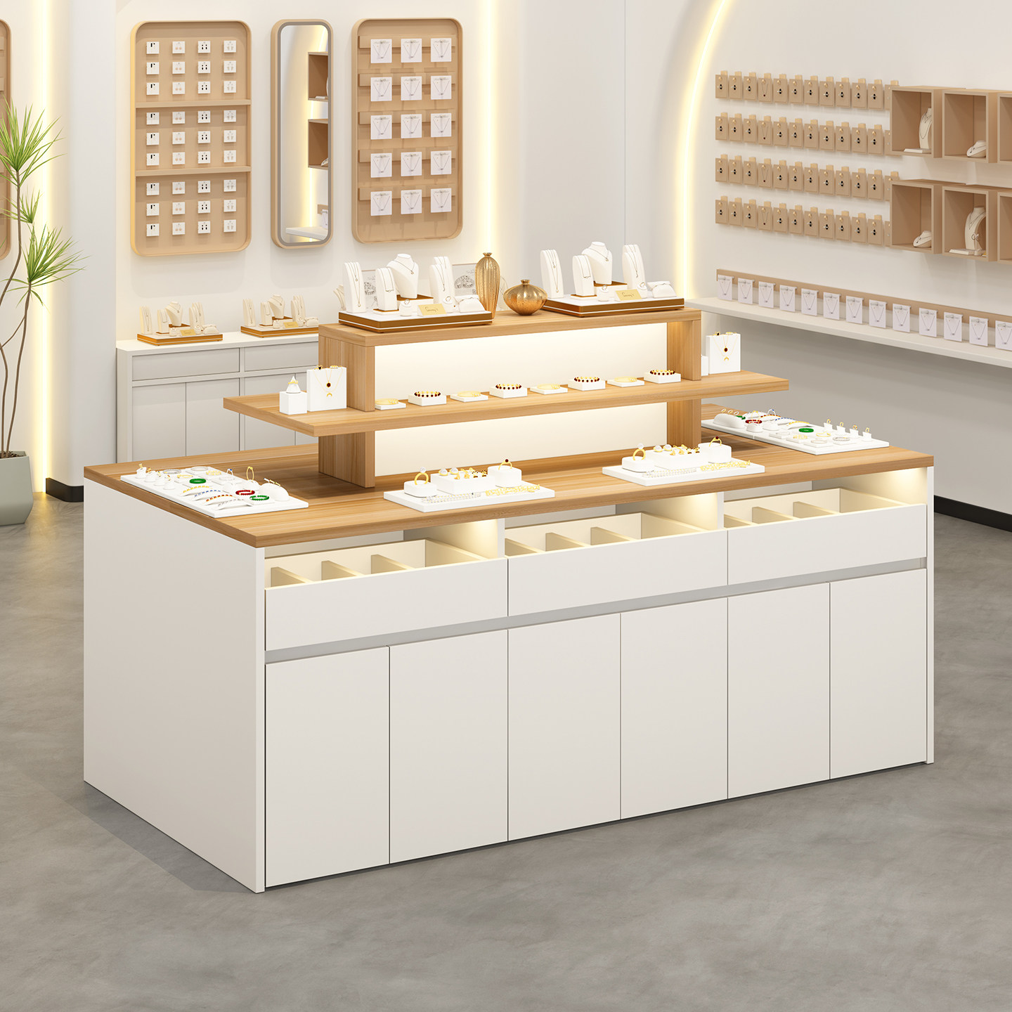 饰品店中岛流水台收银化妆品展示柜台服装首饰柜台鞋包帽双面展柜