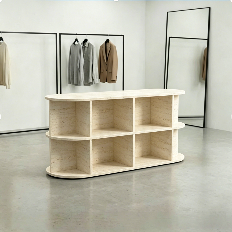 弧形中岛展示台多格陈列展示柜服装店展示桌鞋子包包流水台展示架图片