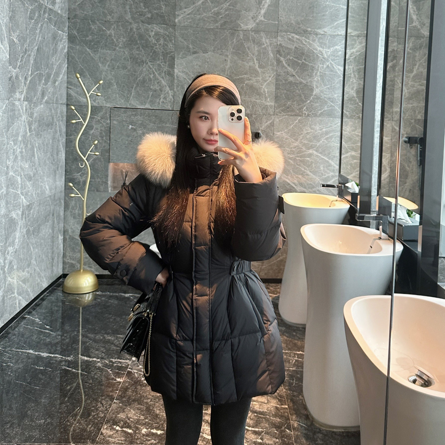 浩可可 真狐狸毛领+90白鸭绒 收腰显瘦连帽设计中长款羽绒服外套
