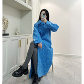 韩系高级感蓝色毛呢外套女秋冬新款 小个子慵懒风宽松长款 呢子大衣