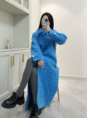 韩系高级感蓝色毛呢外套女秋冬新款小个子慵懒风宽松长款呢子大衣