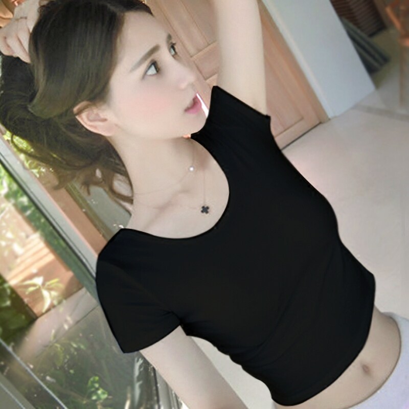 黑色短款短袖t恤露脐上衣女夏 高腰紧身漏脐装性感爵士舞肚脐衣服
