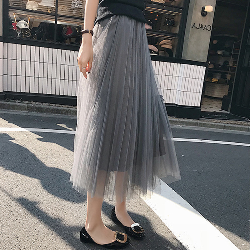 网纱半身裙女中长款2025春秋新款高腰复古百褶a字显瘦长裙网纱裙