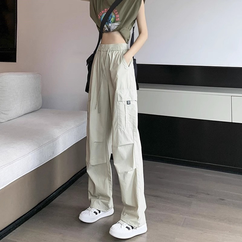 速干工装裤女夏季薄款2025新款小个子高腰阔腿冰丝机能风冲锋裤子