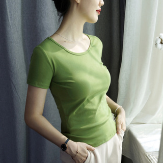 牛油果绿t恤女夏季抹茶绿色修身短袖圆领韩版体恤上衣女2026新款