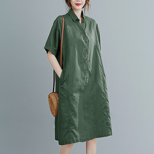 亚麻短袖文艺显瘦裙子大码OL气质胖妹妹减龄亚麻棉大码藏肚宽松裙