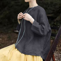 100% linen, artistic, relaxed and slow-paced style, large blue three-quarter sleeve, round-neck loose pullover top for women's commuting thumbnail 2