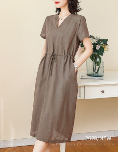 女新款 气质显瘦V领短袖 时尚 大码 中长纯色棉麻连衣裙 夏季 2025夏装