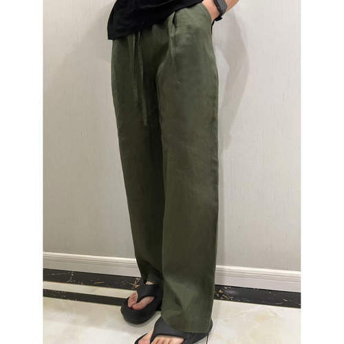 100%纯亚麻2026春夏秋大码200斤绿色阔腿裤女新宽松休闲直筒长裤