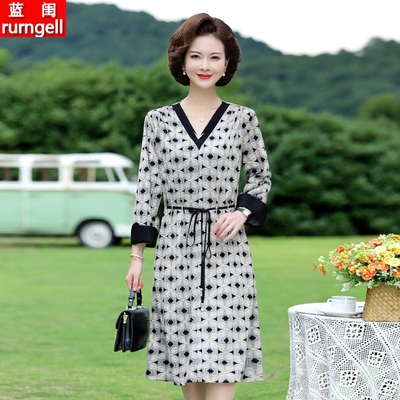 中年妈妈系带显瘦长袖连衣裙子