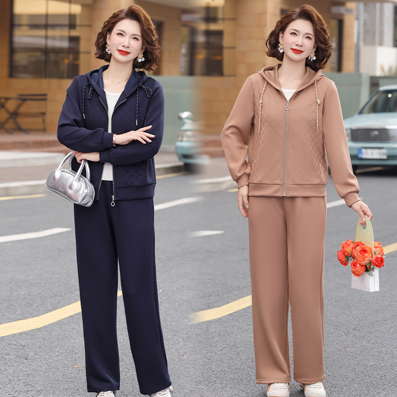 中年妈妈时尚运动两件套女2026春秋装新款阔太太格纹连帽卫衣套装