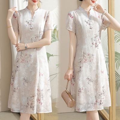 中老年妈妈国风优雅雪纺连衣裙