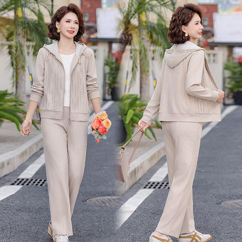 中年妈妈运动休闲连帽卫衣两件套女2026春秋装新款中老年减龄套装