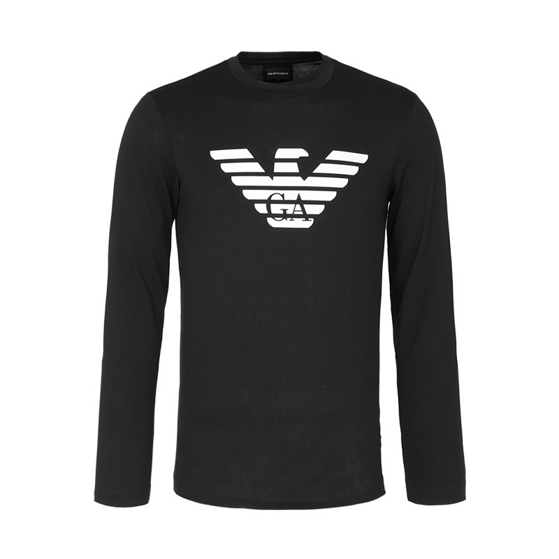 Armani/阿玛尼男士经典logo图案黑色百搭圆领长袖T恤纯棉打底衫男