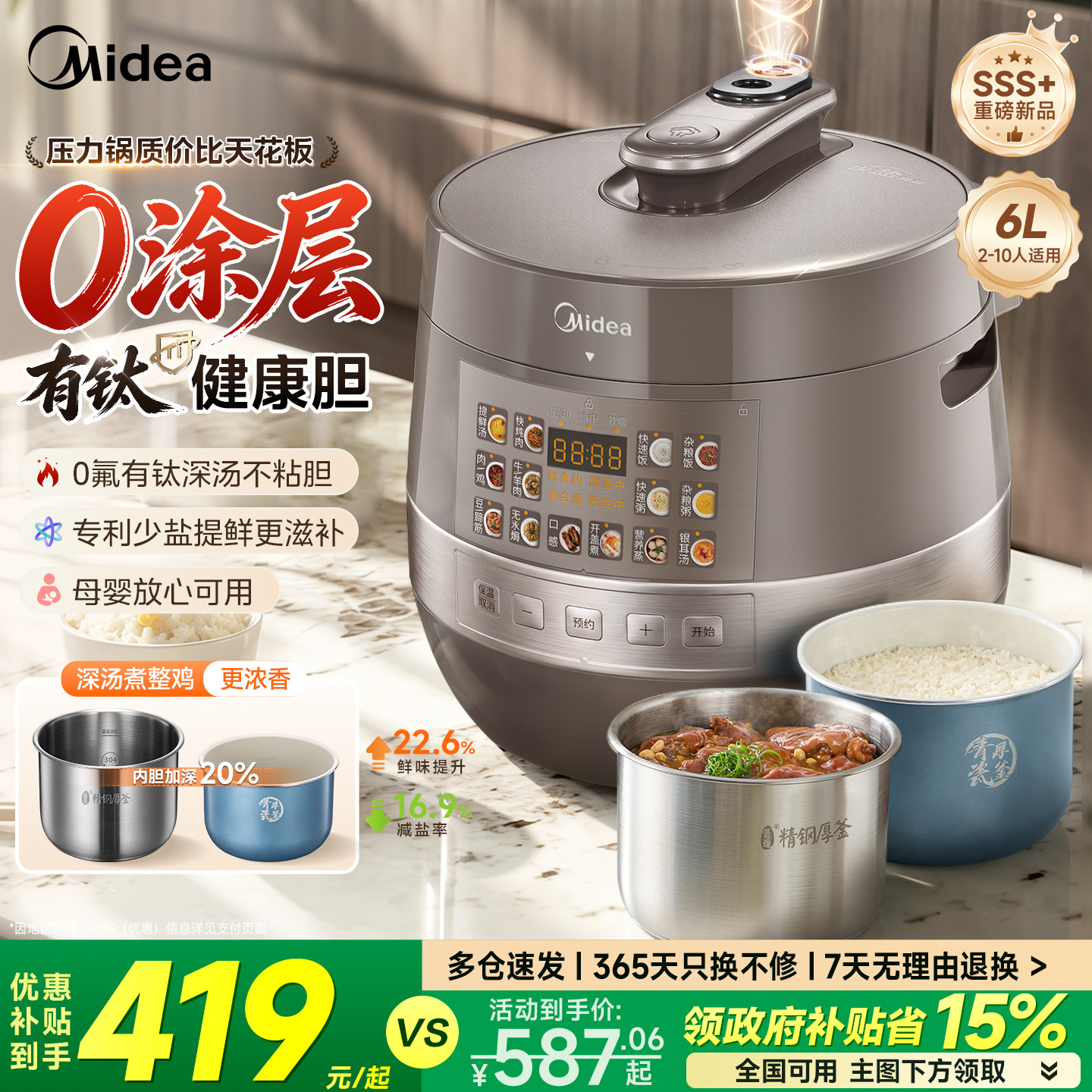 美的有钛0涂层电压力锅6L大容量双胆高压锅饭煲煲汤智能官方正品