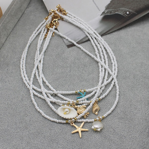 跨境新款彩色串珠项链女多巴胺颈链可爱海星吊坠项链百搭锁骨链